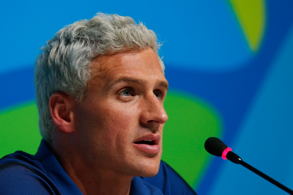 RIO DE JANEIRO BRAZIL- AUGUST 12 Ryan Lochte of the United States attends a press conference in the Main Press Center on Day 7 of the Rio Olympics