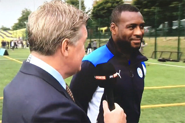 Wes Morgan interviewed and asked to touch trophy