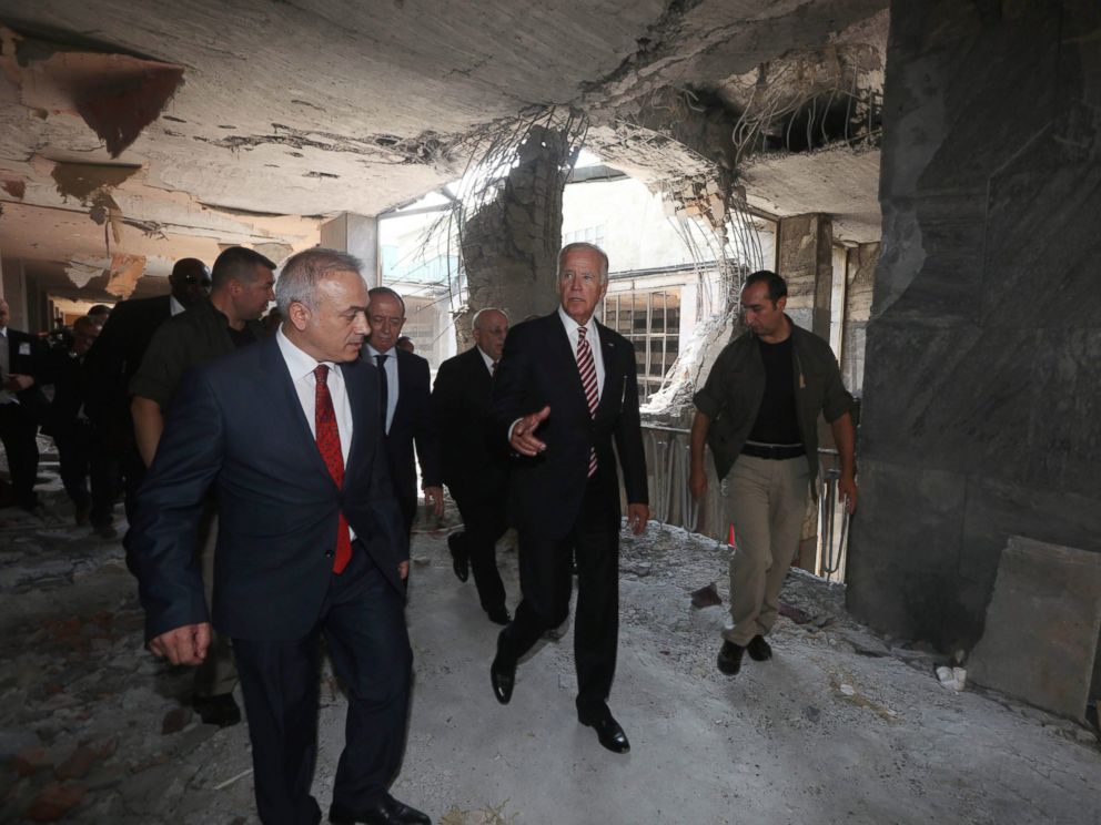 Biden visits a destroyed part of the Turkish Parliament in Ankara Turkey Aug. 24 2016