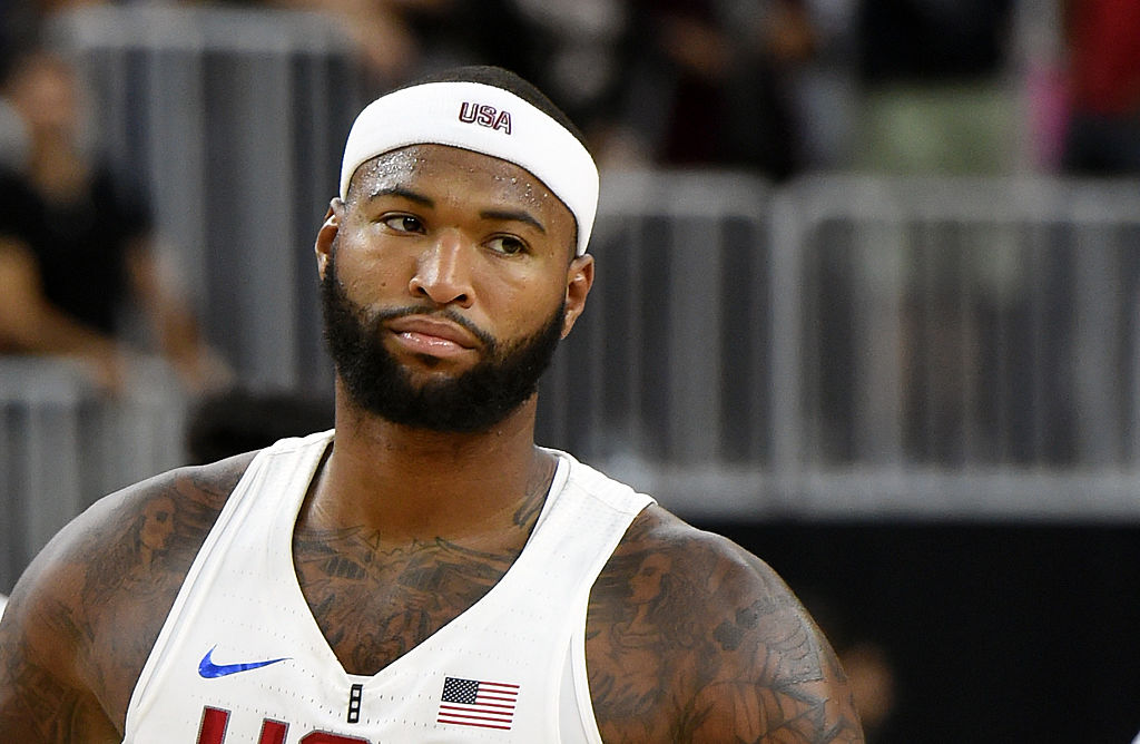 DeMarcus Cousins #12 of the United States stands on the court during a USA Basketball showcase exhibition game against Argentina at T Mobile Arena