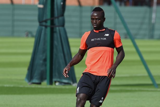 Sadio Mane during a training session at Melwood on Tuesday- now he has picked up an injury