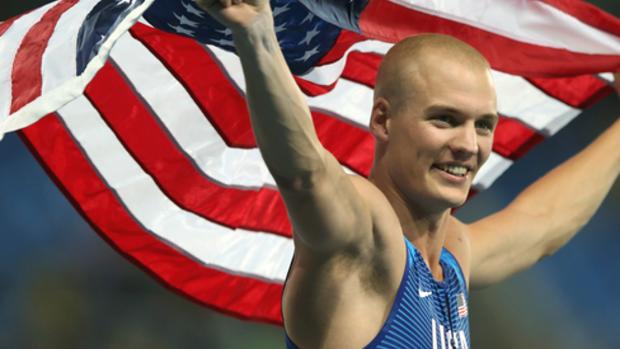 Sam Kendricks of the USA celebrates winning bronze medal in the pole vault Monday night. REUTERS  Gonzalo Fuentes