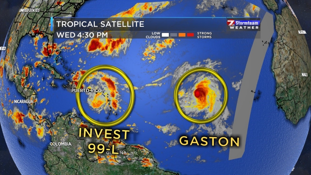 Satellite image of Invest 99-L and Tropical Storm Gaston