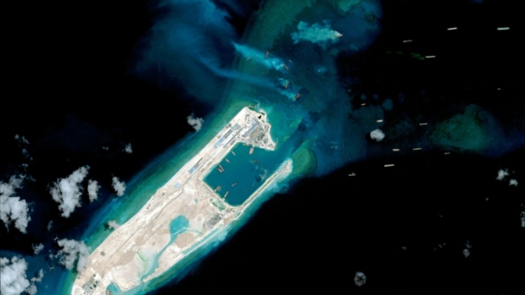 An airstrip appears to be constructed on Fiery Cross Reef in the Spratly Islands in the disputed South China Sea as shown in this Digital Globe satellite image from