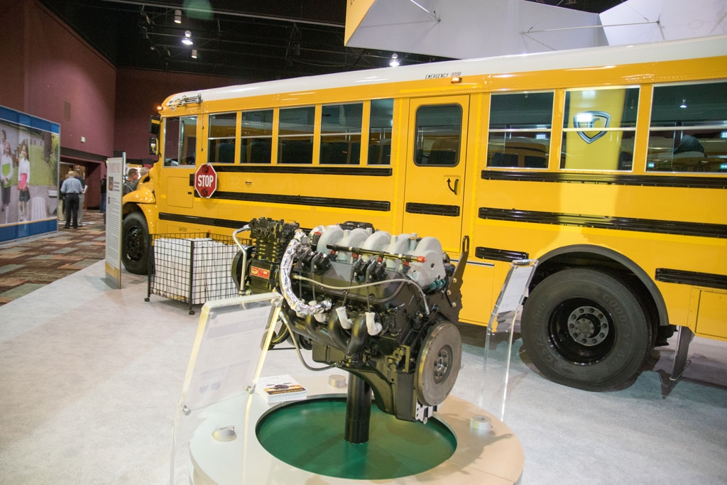 The new IC Bus CE Series with 8.8-liter propane engine from Power Solutions International on display during the STN EXPO