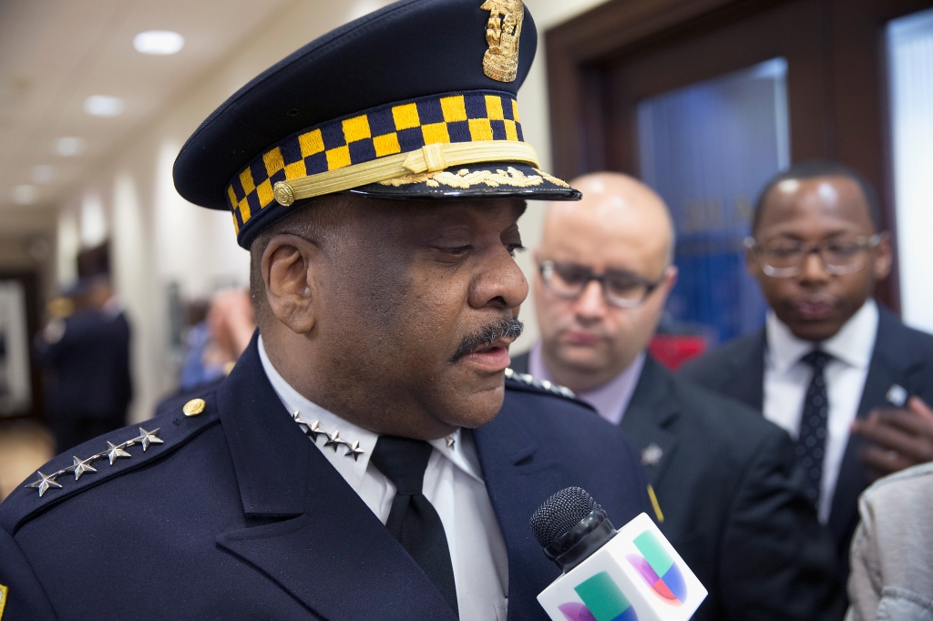 Scott Olson—Getty Images			Eddie Johnson speaks to the press after being sworn in as Chicago Police Superintendent