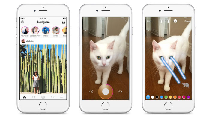 Screen images show Instagram's new Stories feature