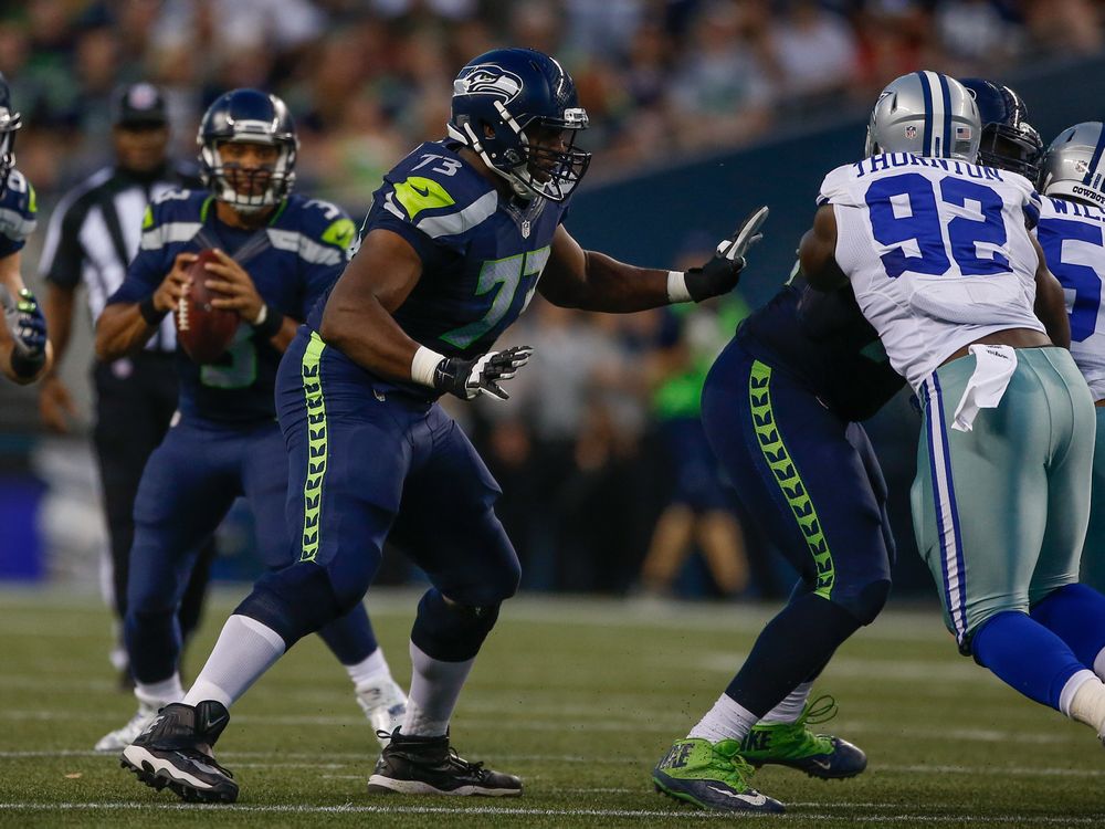 Offensive tackle J'Marcus Webb of the Seattle Seahawks pass blocks against the Dallas Cowboys during the preseason game at Century Link Field