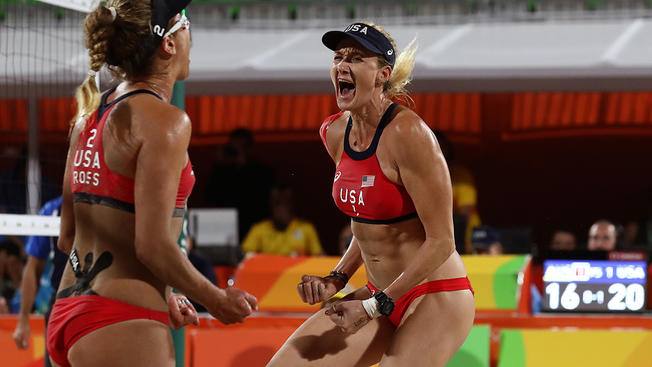 RIO DE JANEIRO BRAZIL- AUGUST 14 Talita Rocha of Brazil celebrates with teammate Larissa Franca Maestrini during a Women's Quarterfinal match between Brazil and Switzerland on Day 9 of the Rio 2016 Olympic Games at the Beach Volleyball Arena