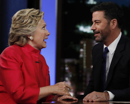 Democratic presidential nominee Hillary Clinton talks with Jimmy Kimmel during a break in the taping of'Jimmy Kimmel Live! in Los Angeles Monday Aug. 22 2016