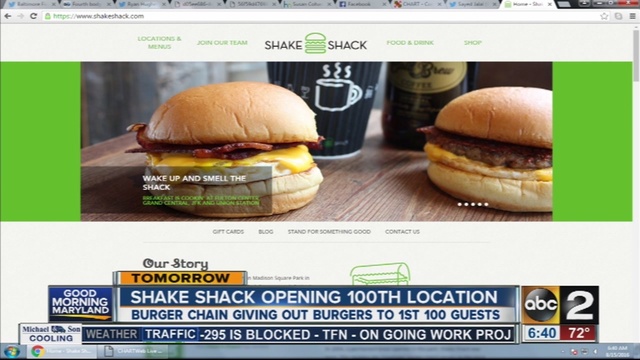 Shake Shack is celebrating its 100th location by giving away free burgers to the first 100 guests.                      WMAR