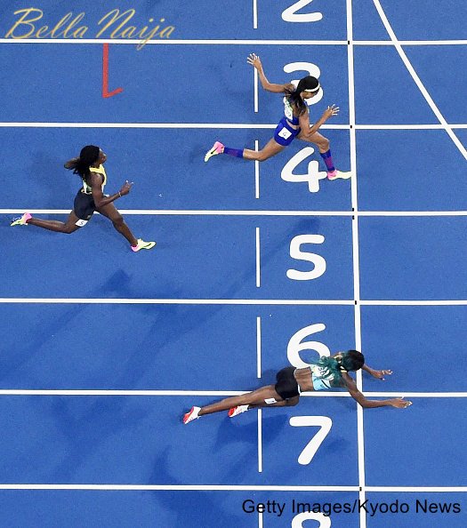 Shaunae Miller of the Bahamas dives across the finish line to capture gold in the women's 400-meter final at the Rio de Janeiro Olympics on Aug. 15 2016. Allyson Felix of the United States and Shericka Jackson of Jamaica took