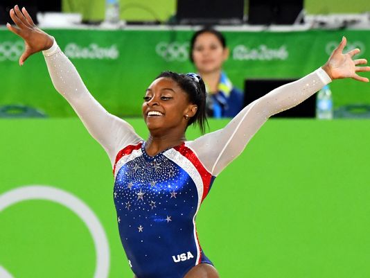 Simone Biles competes in floor exercise during the women's all-around final at the Rio Olympics