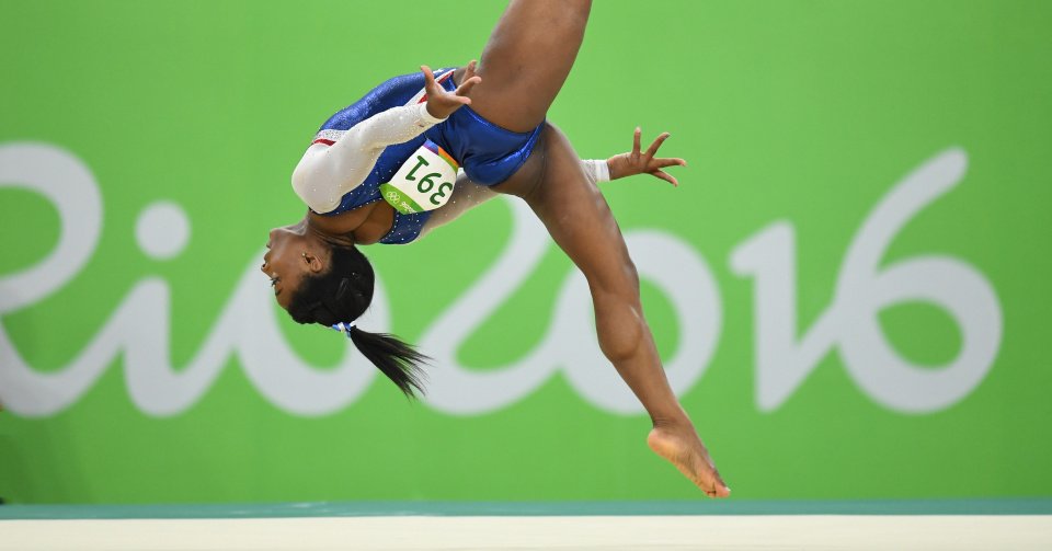 Simone Biles competes on the floor exercise during the Olympic gymnastics all-around competition Thursday