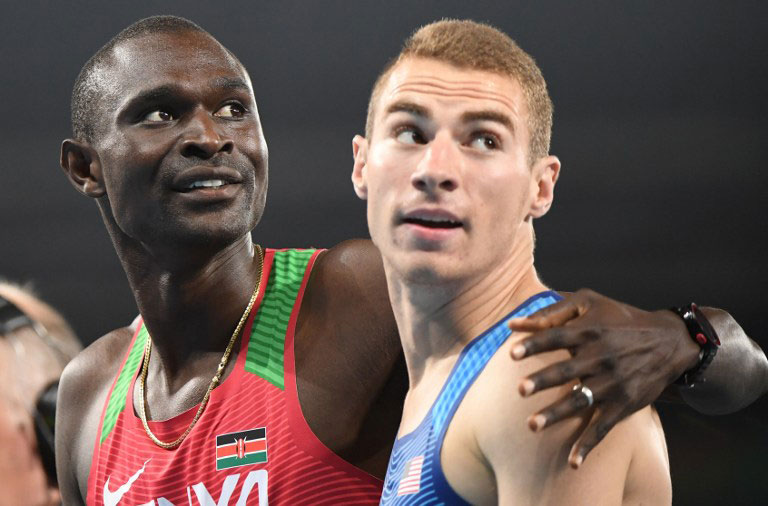 Kenya's David Lekuta Rudisha and USA's Clayton Murphy look at the results board after