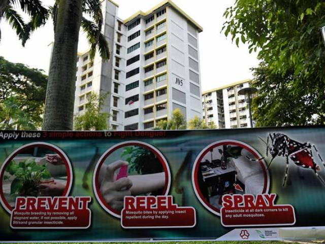 A public service announcement banner against the spread of Aedes mosquitoes a carrier for the Zika virus is seen at a residential block at Aljunied Crescent neighbourhood in Singapore