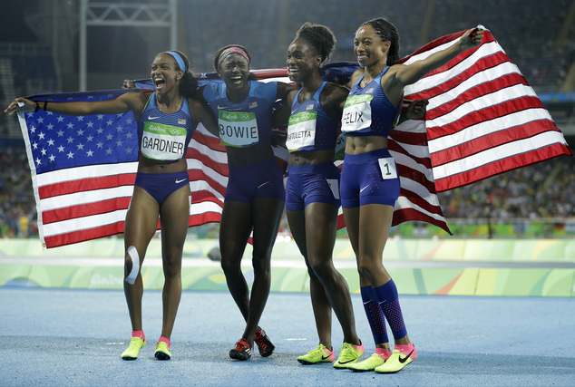 United States English Gardner Tori Bowie Tianna Bartoletta and Allyson Felix from left celebrate winning the gold medal in the women's 4 x 100-meter rel