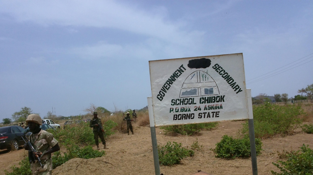 Soldiers stand guard in front of the government secondary school Chibok in 2014 in Chibok. Nigeria