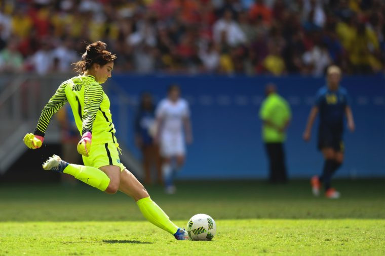 US goalkeeper Hope Solo prepares to kick the ball during the Rio 2016 Olympic Games Quarter-finals women's football match USA vs Sweden