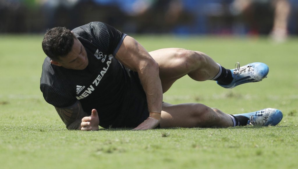 Rio Olympics- Rugby- Preliminary- Men's Pool C New Zealand v Japan- Deodoro Stadium- Rio de Janeiro Brazil- 09/08/2016. Sonny Bill Williams of New Zealand reacts after an injury. REUTERS  Phil Noble