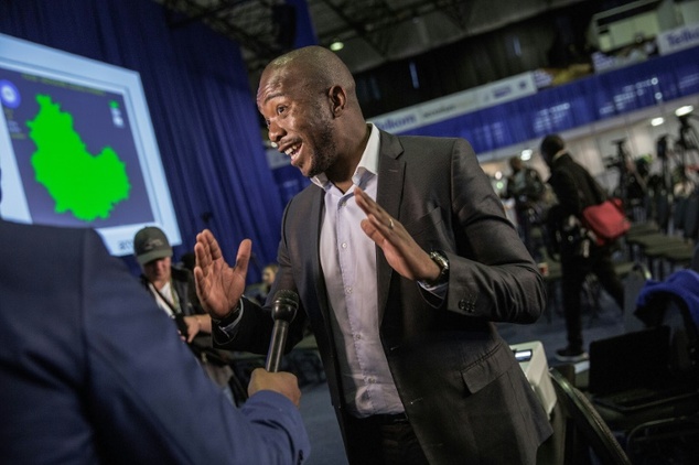 South Africa's main opposition Democratic Alliance party leader Mmusi Maimane speaks to journalists at the counting centre in Pretoria