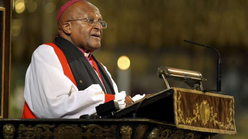 Archbishop Desmond Tutu speaks during a memorial service for former South African President Nelson Mandela at Westminster Abbey in Lond