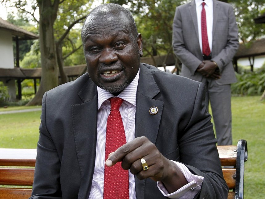 South Sudan's rebel leader Riek Machar speaks during an interview with Reuters in Kenya's capital Nairobi