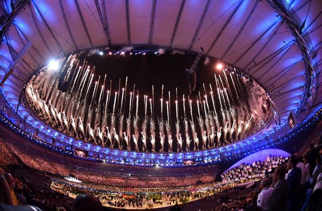 Fireworks are set off during the opening ceremony of the Rio 2016 Olympic Games at the Maracana stadium in Rio de Janeiro