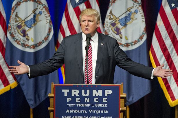 Donald J. Trump the Republican candidate for President of the United States arrives for a campaign appearance at Briar Woods High School in Ashburn Virginia