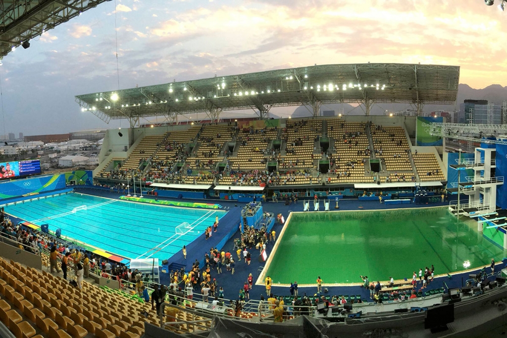 The Rio Olympic pools- one is green one is blue