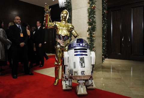 “Star Wars” characters C-3PO left and R2 D2 arrive at a gala in Beverly Hills Calif. in 2008