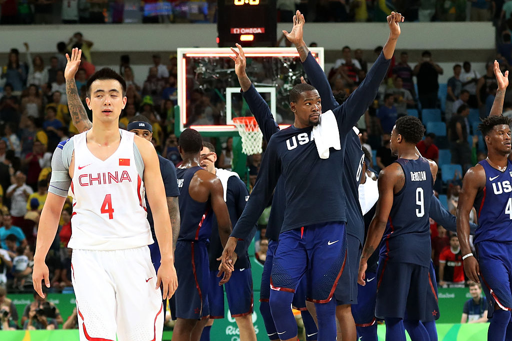 Kevin Durant #5 of United States celebrates after defeating China on Day 1 of the Rio 2016 Olympic Games at Carioca Arena 1