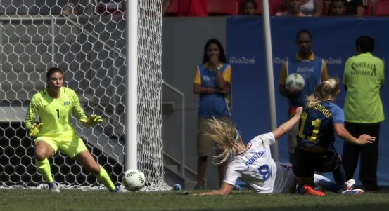 Stina Blackstenius of Sweden scores a goal past goalie Hope Solo of USA as Julie Johnston of USA tries to defend. REUTERS