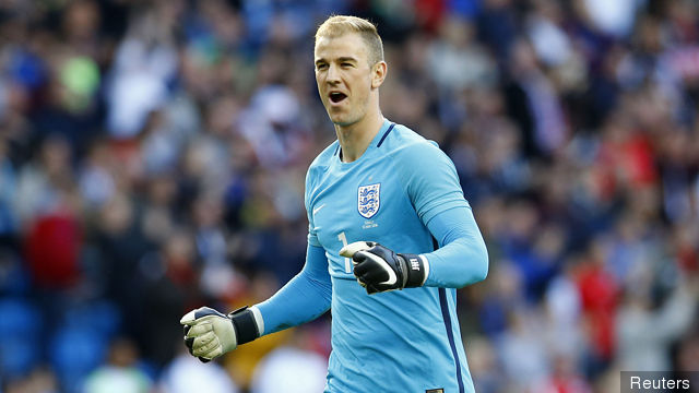 England's Joe Hart celebrates after Jamie Vardy scored their second goal