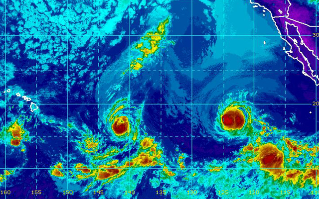 NOAA GOES WEST           This composite satellite image shows Tropical Storm Madeline approaching Hawaii. Hurricane Lester is east of Madeline. An area of storms directly south of Hawaii is not expected to intensify