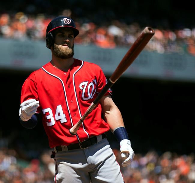 Washington Nationals&#39 Bryce Harper flips his bat after striking out against the San Francisco Giants during the third inning of a baseball game on Sunday