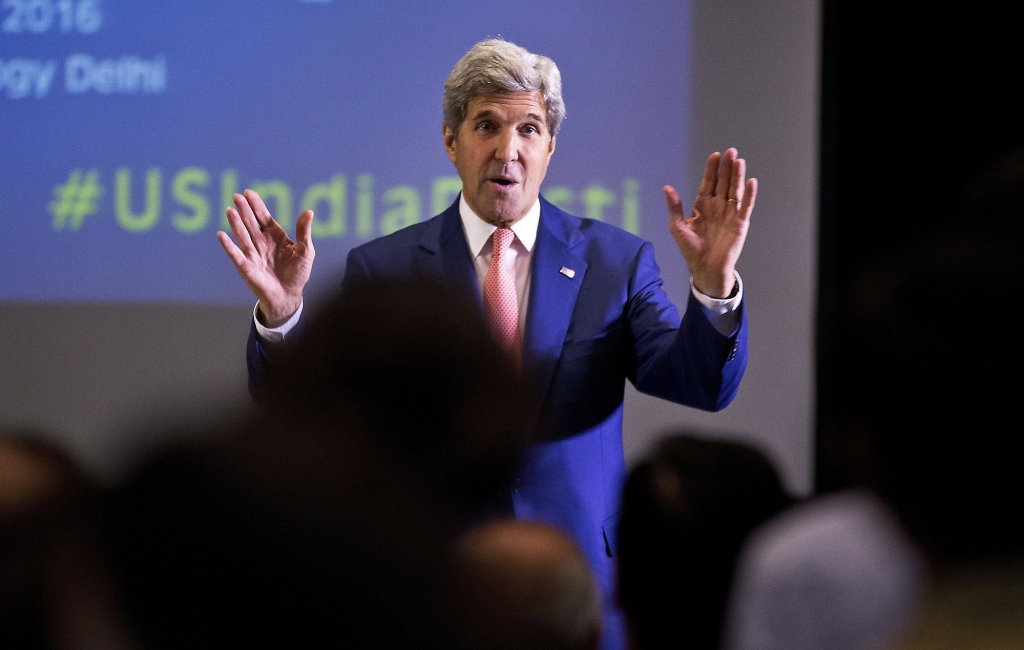 U.S. Secretary of State John Kerry greets students at Indian Institute of Technology in New Delhi India Wednesday Aug. 31 2016. Kerry is on a three-day visit to India