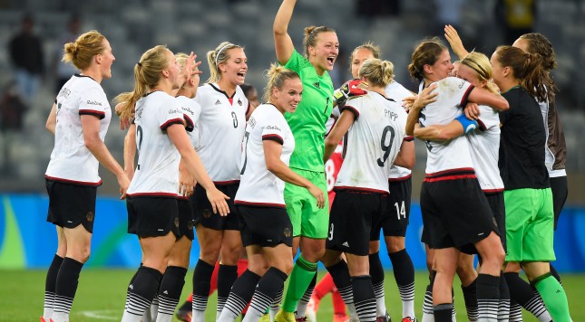 BELO HORIZONTE BRAZIL- AUGUST 16 Germany celebrate winning the Women's Semi Final match between Germany and Canada on Day 11 of the Rio 2016 Olympic Games at Mineirao Stadium