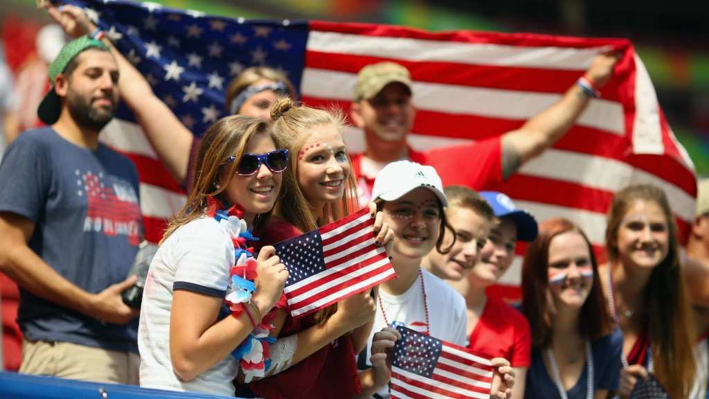 U.S. fans cheer their team on before the quarterfinal match against Sweden at Mane Garrincha Stadium in the 2016 Summer Olympics