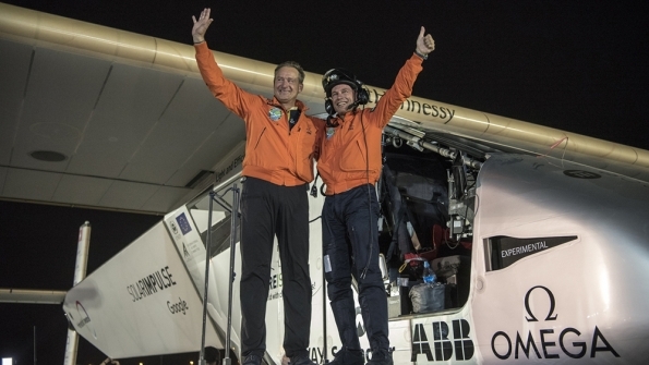 Swiss pioneers Bertrand Piccard and André Borschberg after landing in Abu Dhabi