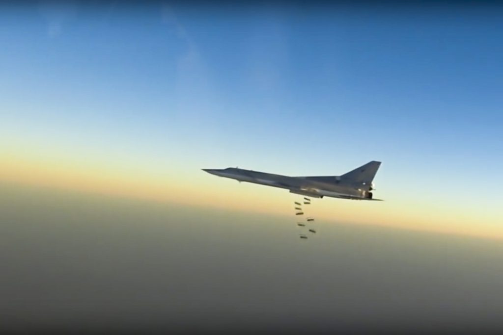 In this frame grab from video provided by the Russian Defence Ministry Press Service Russian long range bomber Tu-22 M3 flies during a strike above an undisclosed location in Syria on Sunday Aug. 14 2015. ( Russian Defence Ministry press service