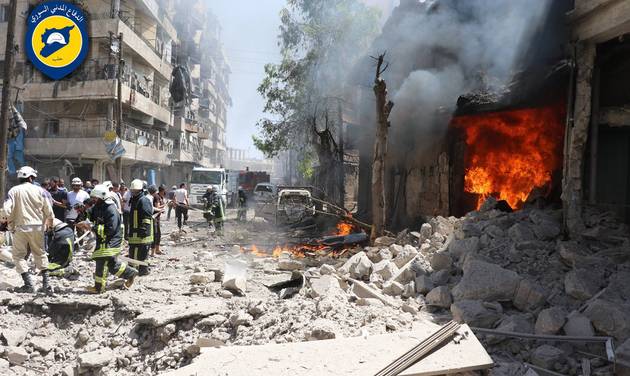 8 2016 provided by the Syrian Civil Defense Directorate in Liberated Province of Aleppo which has been authenticated based on its contents and other AP reporting shows Syrian civil defense workers left gather at