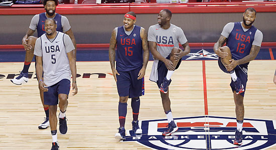 TEAM USA MEMBERS stretch during practice at Toyota Center.- REUTERS THOMAS B. SHEA-USA TODAY SPORTS