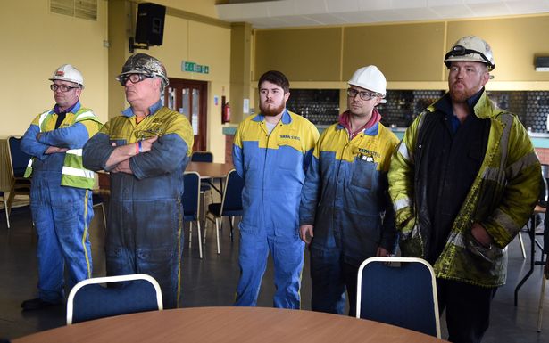 Tata Steel workers during a meeting with Jeremy Corbyn