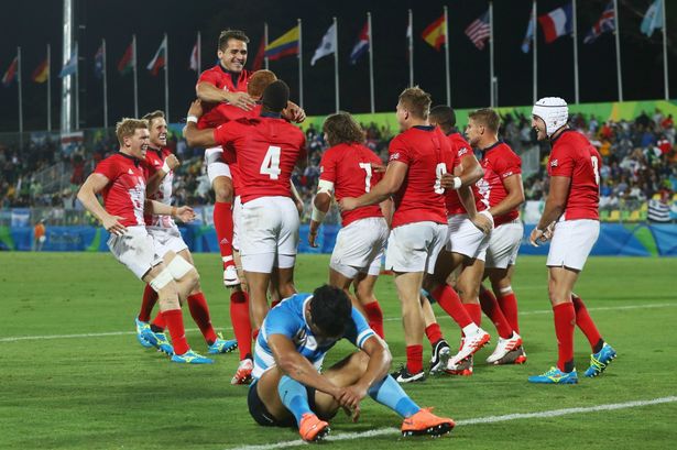 Team GB celebrate after beating Argentina in the quarter-final