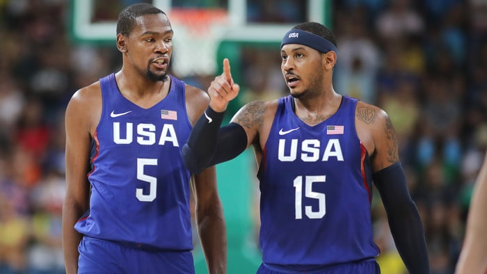 Team USA's Kevin Durant of Golden State Warriors with Carmelo Anthony of New York Knicks        
      Credit Tim Clayton  Corbis  Getty