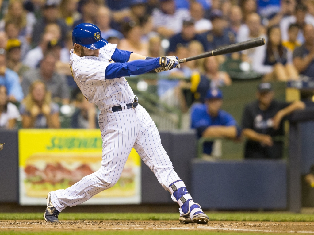 Jul 29 2016 Milwaukee WI USA Milwaukee Brewers catcher Jonathan Lucroy singles during the fifth inning against the Pittsburgh Pirates at Miller Park. Mandatory Credit Jeff Hanisch-USA TODAY Sports ORG XMIT USATSI-261324 ORIG FILE ID 20160729