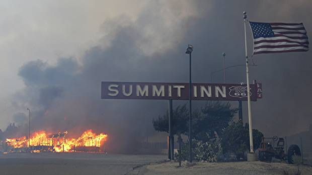 The Summit Inn a popular roadside diner at the crest of historic Route 66 in Oak Hills California burns to the ground