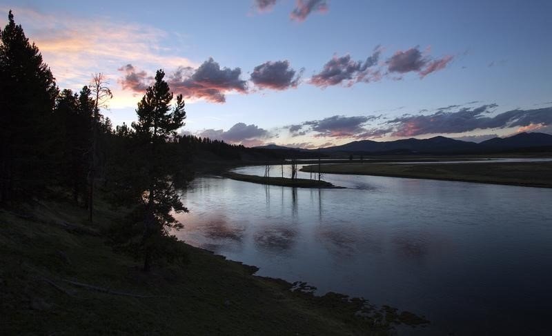 The Yellowstone River winds through the Hayden Valley in Yellowstone National Park Wyoming