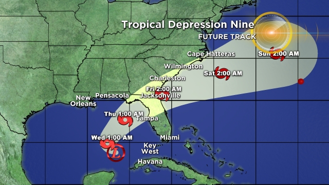 The forecast cone for Tropical Depression #9 on 8/30 at 5 a.m